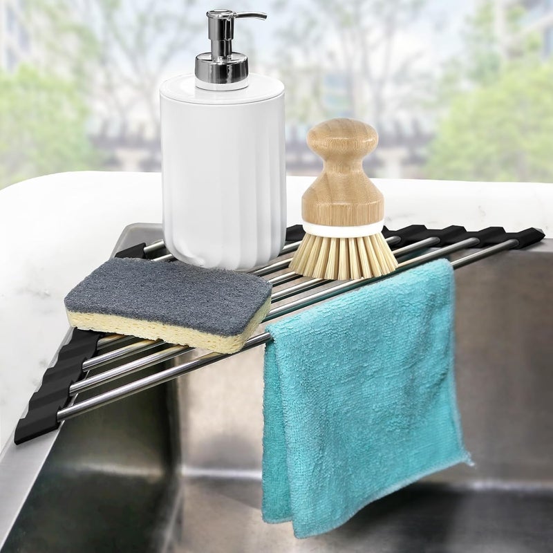 Seropy Corner Dish Drying Rack, Kitchen Sink Caddy Sponge Holder, Triangle Over The Sink Dish Drying Rack for Kitchen Counter, Roll Up Dishes Drainer Mat RV Essentials Organization and Storage Shelf, Black - Image 1