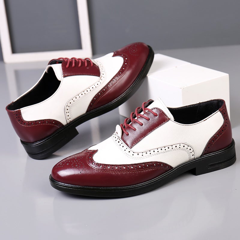 New Brogue Carving Colorblock Trendy Mens Leather Shoes White Red