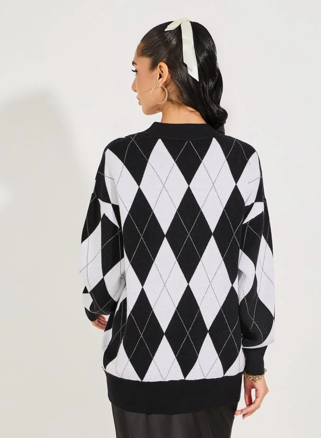 Styli Oversized Longline Button Down Argyle Cardigan