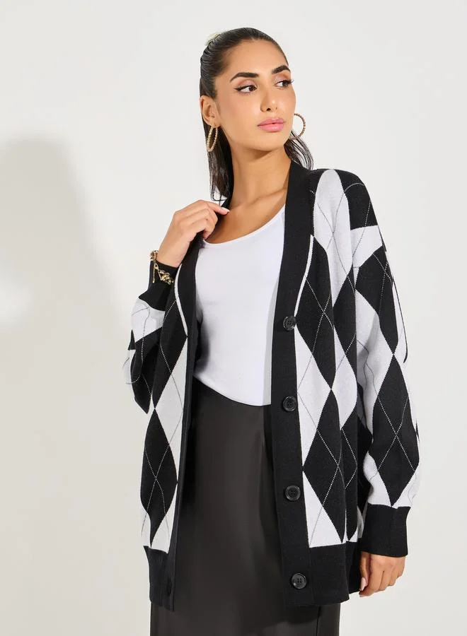 Styli Oversized Longline Button Down Argyle Cardigan