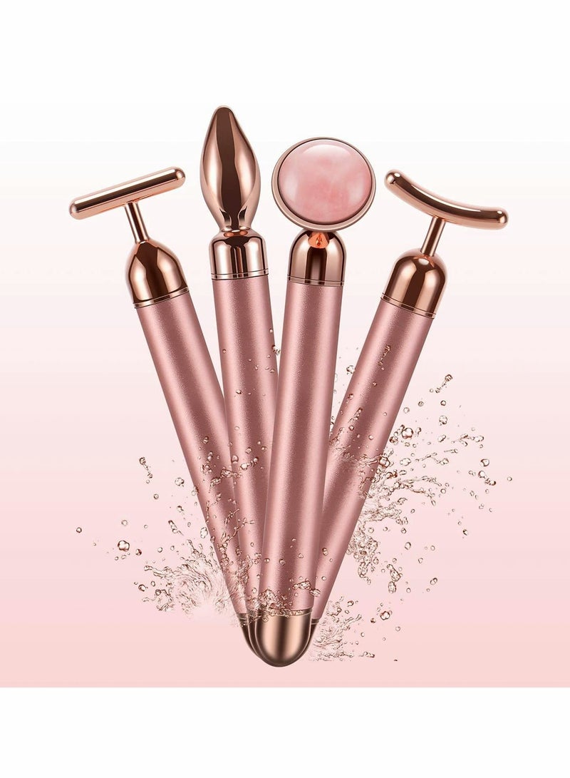 NIBEMINENT 4-in-1 Beauty Bar 24k Golden Pulse Face Massager, Electric Jade Roller Facial Massager Rose Quartz, Arm Eye Nose Massage Stone for Lift Anti-Aging Anti-Wrinkles Skin Tightening Firming - Image 1