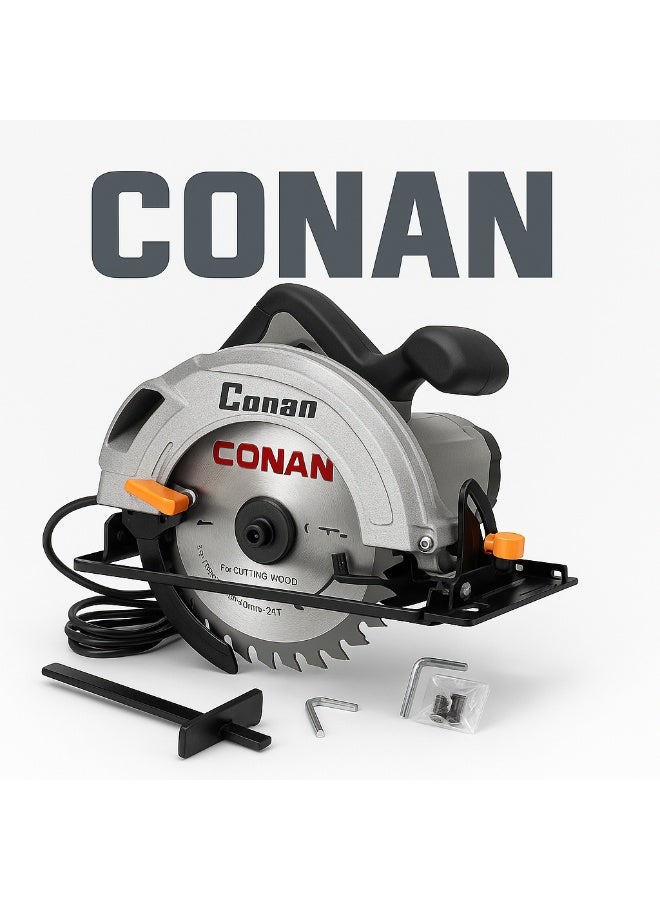 Conan Circular Saw 7-1/4" – 1300W (COCS185) with 185mm 40T Blade, 65mm Cut @90° / 43mm @45°, 0–45° Bevel & Depth Adjustment, Rip Fence, Dust Port, Lock-On for Continuous Cuts, UK 3-Pin Plug - Image 1