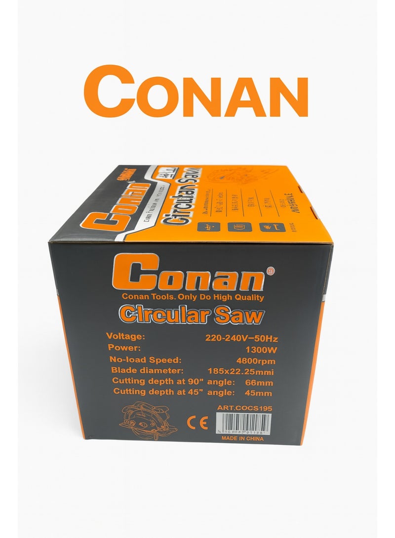 Conan Circular Saw 7-1/4" – 1300W (COCS185) with 185mm 40T Blade, 65mm Cut @90° / 43mm @45°, 0–45° Bevel & Depth Adjustment, Rip Fence, Dust Port, Lock-On for Continuous Cuts, UK 3-Pin Plug - Image 3