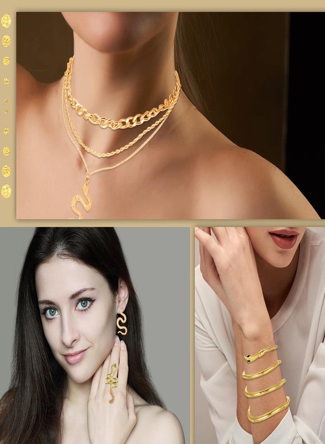 Inbagi 7 Pcs Halloween Gold Snake Jewelry Set for Women Long Chain Layered Chunky Necklace Adjustable Snake Bracelet Armband Rings Vintage Earrings for Women Girls Costume Gift - Image 5