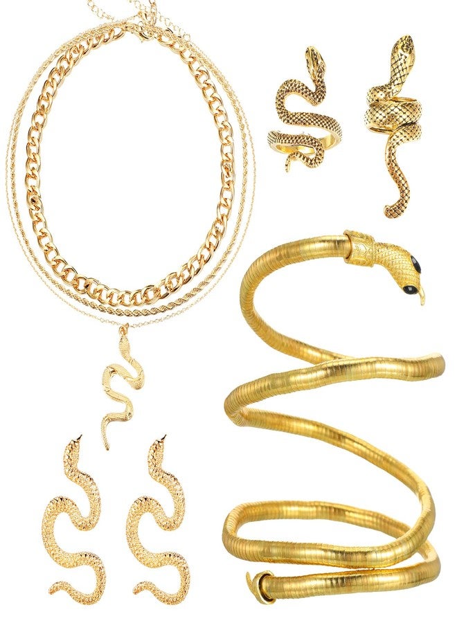 Inbagi 7 Pcs Halloween Gold Snake Jewelry Set for Women Long Chain Layered Chunky Necklace Adjustable Snake Bracelet Armband Rings Vintage Earrings for Women Girls Costume Gift - Image 1