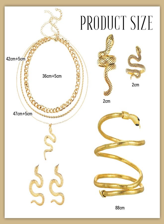 Inbagi 7 Pcs Halloween Gold Snake Jewelry Set for Women Long Chain Layered Chunky Necklace Adjustable Snake Bracelet Armband Rings Vintage Earrings for Women Girls Costume Gift - Image 2