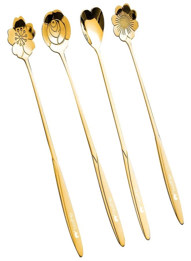 RAIYARAJ Golden Spoon Set Stainless Steel Coffee Dessert Spoons 4 Piece Gold Cutlery Floral Design Decorative Serving Spoons 18cm Long Tableware for Home Parties Kitchen Dining Gift Bag - Image 3