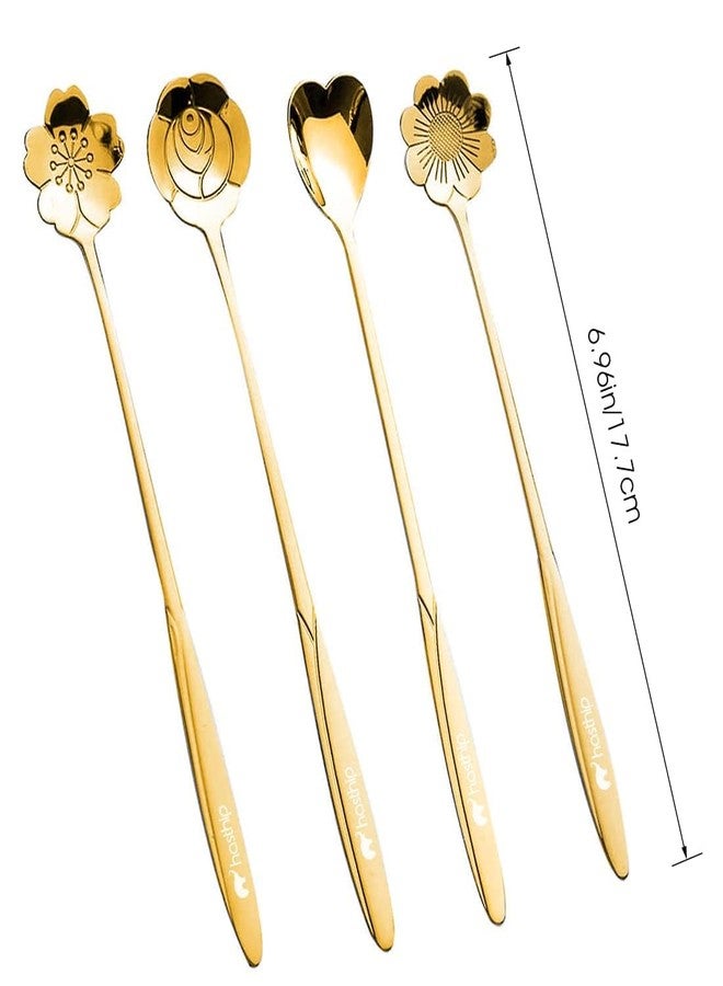 RAIYARAJ Golden Spoon Set Stainless Steel Coffee Dessert Spoons 4 Piece Gold Cutlery Floral Design Decorative Serving Spoons 18cm Long Tableware for Home Parties Kitchen Dining Gift Bag - Image 2