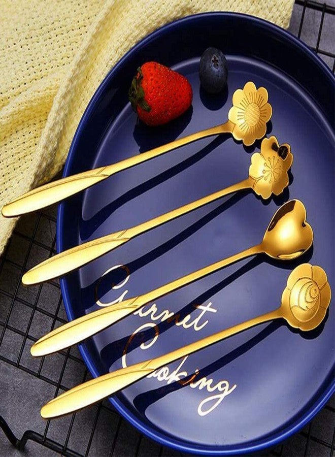 RAIYARAJ Golden Spoon Set Stainless Steel Coffee Dessert Spoons 4 Piece Gold Cutlery Floral Design Decorative Serving Spoons 18cm Long Tableware for Home Parties Kitchen Dining Gift Bag - Image 1