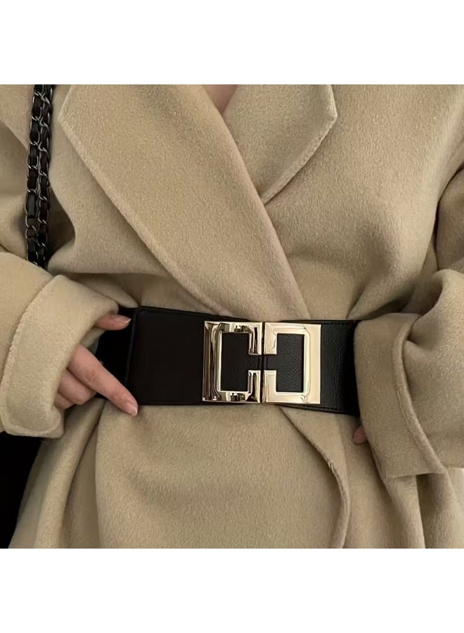 Goolsky Stylish Wide Waist Belt - Geometric Buckle, Elastic Waistband, Elegant Design, Perfect for Dress Coat, Girdle, Casual Wear, Black Color, Women's Fashion Accessory - Image 1