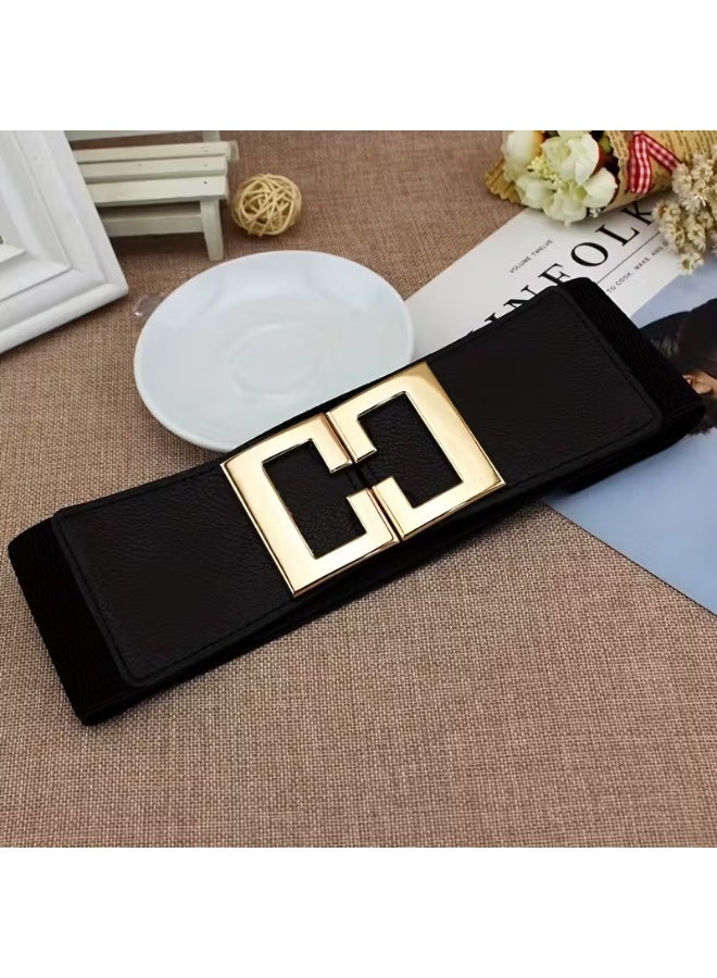 Goolsky Stylish Wide Waist Belt - Geometric Buckle, Elastic Waistband, Elegant Design, Perfect for Dress Coat, Girdle, Casual Wear, Black Color, Women's Fashion Accessory - Image 3