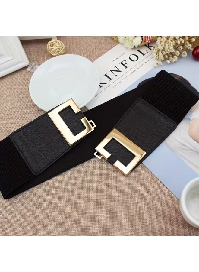 Goolsky Stylish Wide Waist Belt - Geometric Buckle, Elastic Waistband, Elegant Design, Perfect for Dress Coat, Girdle, Casual Wear, Black Color, Women's Fashion Accessory - Image 5