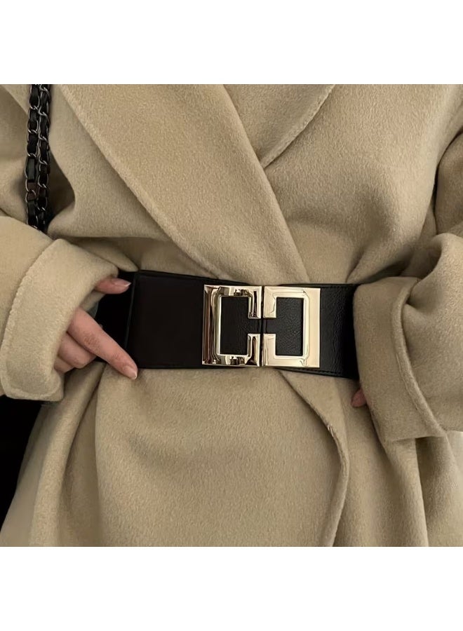 Goolsky Stylish Wide Waist Belt - Geometric Buckle, Elastic Waistband, Elegant Design, Perfect for Dress Coat, Girdle, Casual Wear, Black Color, Women's Fashion Accessory - Image 2