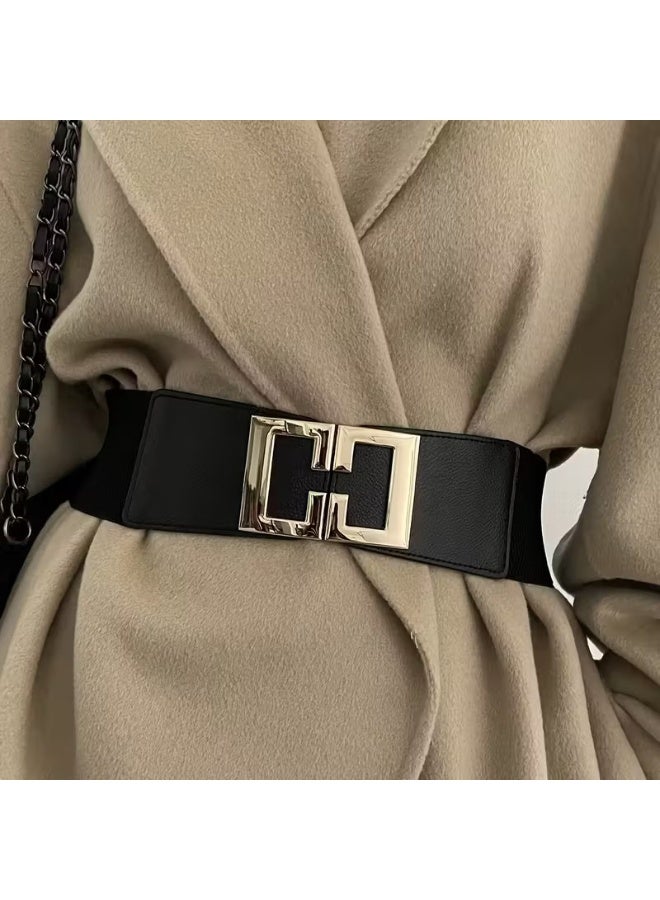 Goolsky Stylish Wide Waist Belt - Geometric Buckle, Elastic Waistband, Elegant Design, Perfect for Dress Coat, Girdle, Casual Wear, Black Color, Women's Fashion Accessory - Image 4