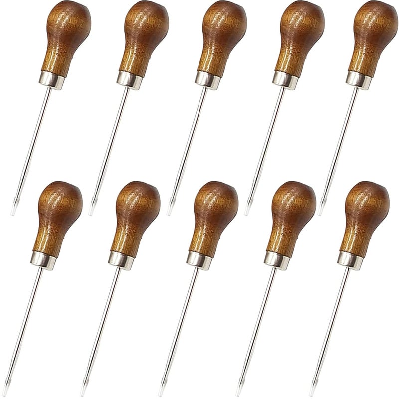 ROYHOO 10PCS Wooden Handle Scratch Awl for Leather Punch Hole or DIY Handmade Pin Punching Needles - Image 1