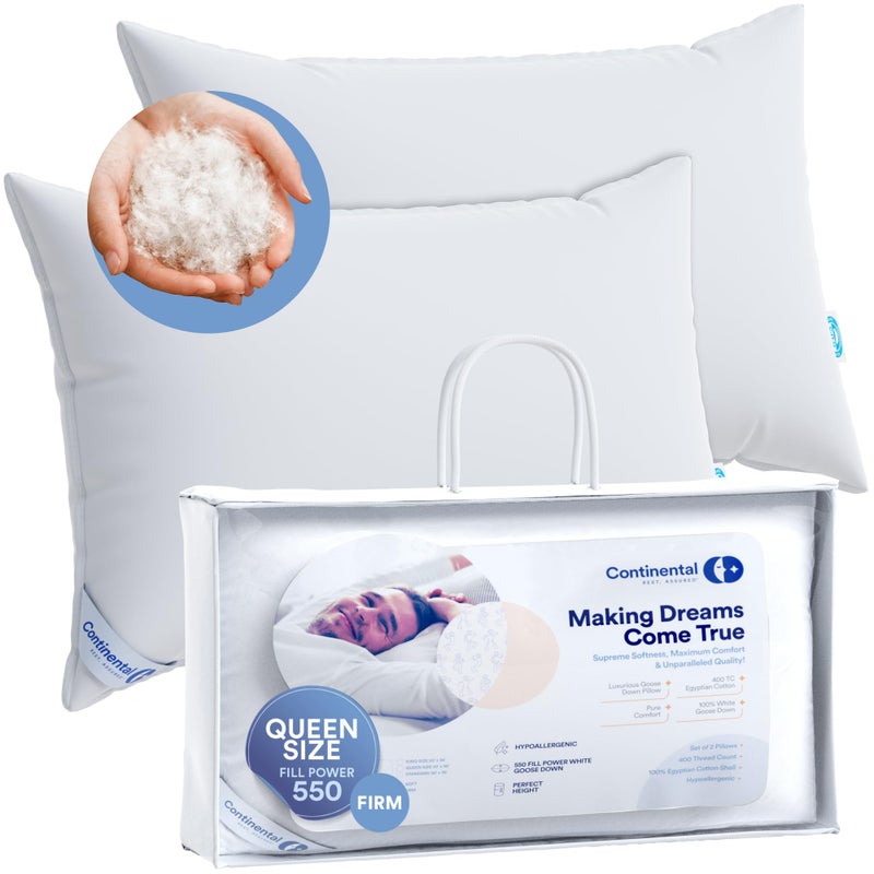 Continental Bedding Continental Bedding  Harmony White Down Pillow  550 Fill Power  400 Thread Count Cotton Cover  Made in USA  Queen Medium  2 Pack 