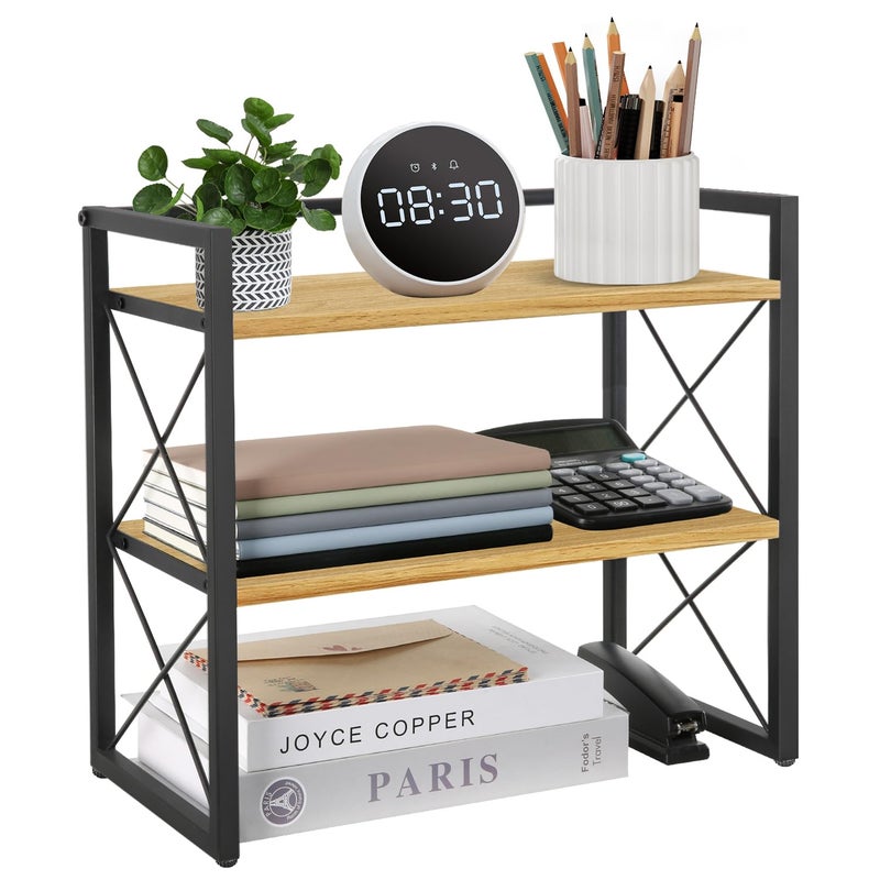 YINMIT Desktop Shelf Organizer, 2 Tier Office Shelves, Wood Desk Organizer Storage Rack and Freestanding Display Shelf for Office, Dormitory, Home (Black Wood) - Image 1