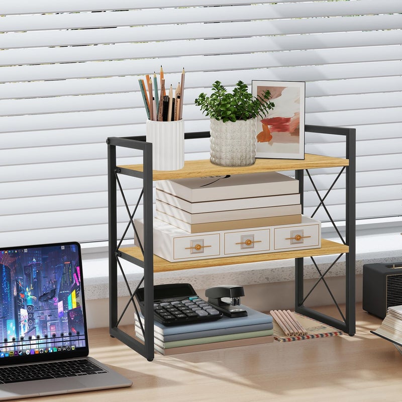 YINMIT Desktop Shelf Organizer, 2 Tier Office Shelves, Wood Desk Organizer Storage Rack and Freestanding Display Shelf for Office, Dormitory, Home (Black Wood) - Image 2