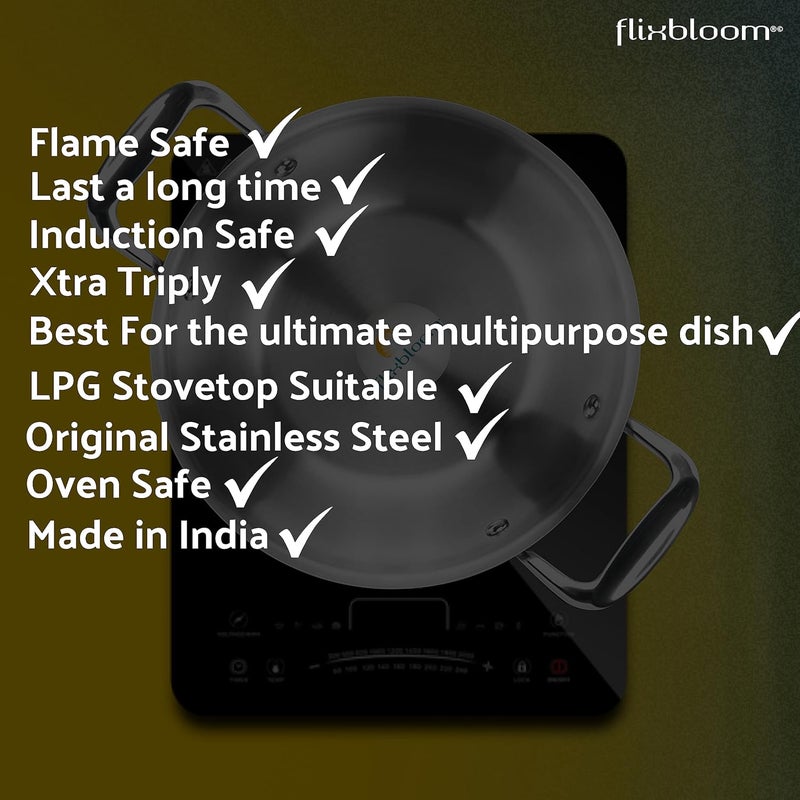 FLIXBLOOM FLIXBLOOM Glossy Stainless Steel Induction Base Cookware Set Kadai for Kitchen Perfect Cooking Triply Kadai 3 Litre  - Image 3