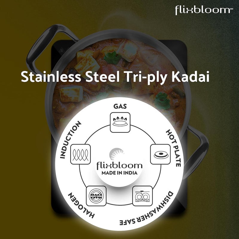FLIXBLOOM FLIXBLOOM Glossy Stainless Steel Induction Base Cookware Set Kadai for Kitchen Perfect Cooking Triply Kadai 3 Litre  - Image 4