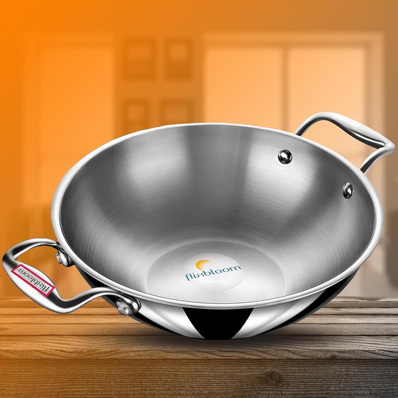 FLIXBLOOM FLIXBLOOM Glossy Stainless Steel Induction Base Cookware Set Kadai for Kitchen Perfect Cooking Triply Kadai 3 Litre  - Image 1