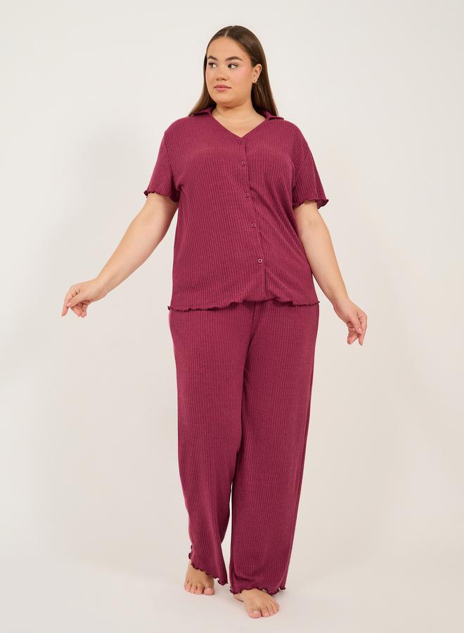 Styli Plus Size Rib Knit V-Neck T-Shirt and Pyjama Set  - Image 1