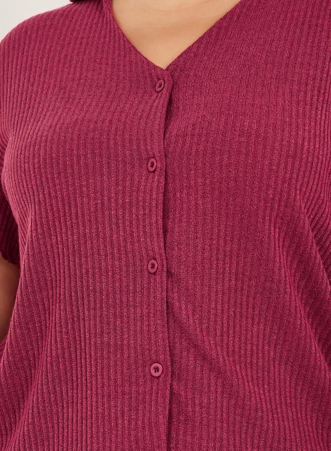 Styli Plus Size Rib Knit V-Neck T-Shirt and Pyjama Set  - Image 3