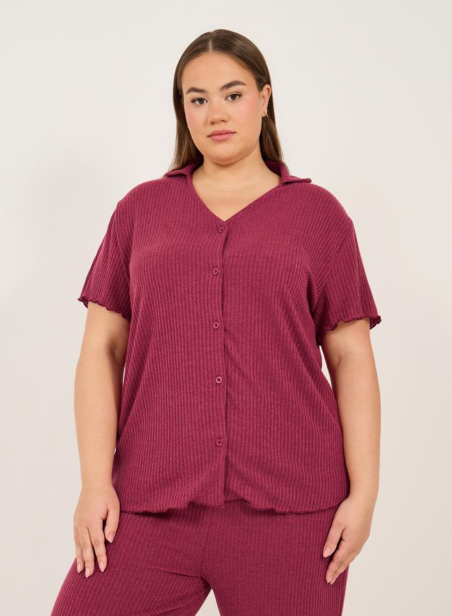 Styli Plus Size Rib Knit V-Neck T-Shirt and Pyjama Set  - Image 2