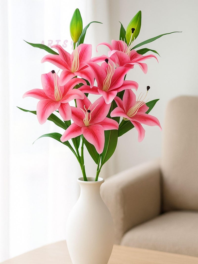 ARTSY® Artificial Flowers for Decoration Lily Flower Bunch for vase/Pot, Long Size Stick stem, Home/Office Decor, Gift, Artificial Plant, Craft, Without Vase, 100 cm Height, 1 Piece, Pink - Image 1