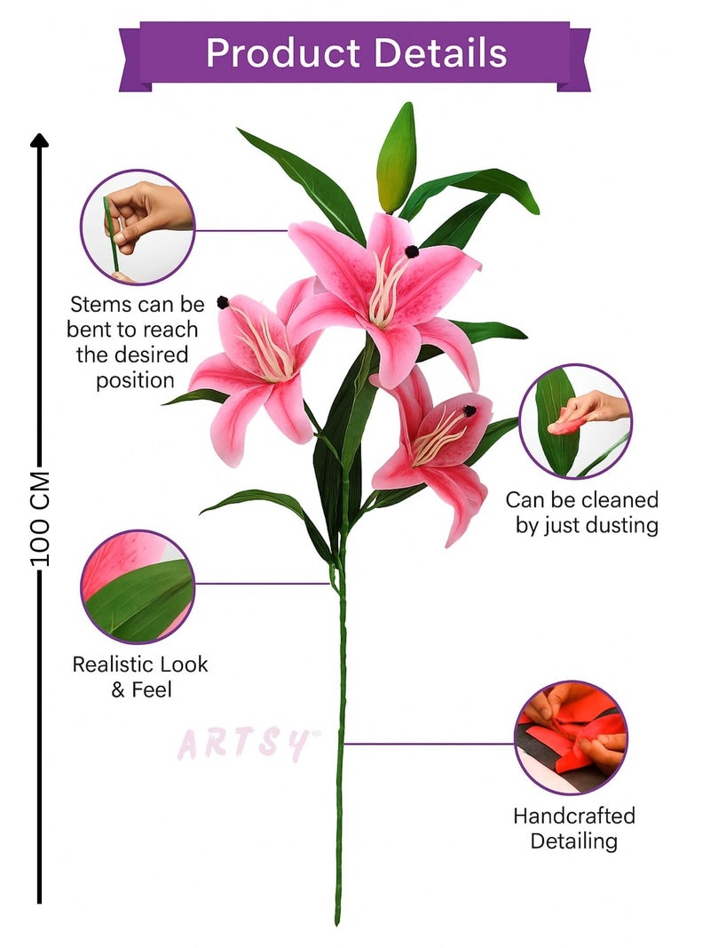 ARTSY® Artificial Flowers for Decoration Lily Flower Bunch for vase/Pot, Long Size Stick stem, Home/Office Decor, Gift, Artificial Plant, Craft, Without Vase, 100 cm Height, 1 Piece, Pink - Image 5