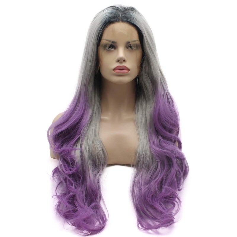 Lushy Lushy Hair Lace Front Synthetic Wig Wavy Long 26inch Dark Root Gray Purple Ombre Wig Heat Resistant Heavy Density Realistic Wig 