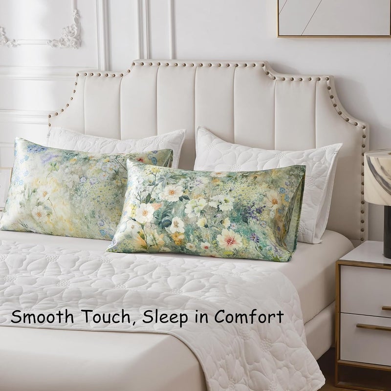 URLINENS غطاء وسادة من الساتان للشعر والبشرة، مشابه لأغطية الوسائد الحريرية مقاس كينغ عبوة من 2، أغطية وسائد ناعمة من الساتان مع إغلاق مغلف، هدايا للنساء، زهرة بالألوان المائية، 20×36 بوصة، قطعتان - Image 4