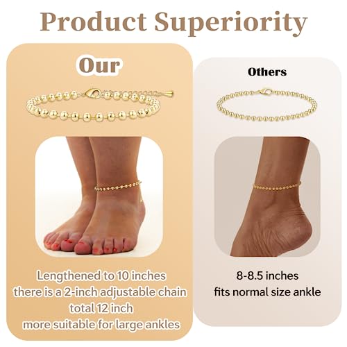 Poxtex Extra Large Anklets for Women Large Ankle, 14K Real Gold Dainty Anklets for Women Waterproof, 10"+2" Adjustable Large Ankle Bracelets for Women Plus Size, Ankle Bracelets for Women Trendy, - Image 2