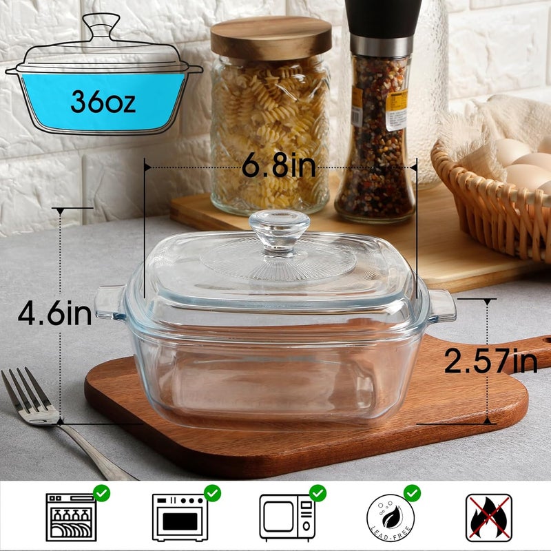 NUTRIUPS Small Glass Square Casserole Dish with Lid, 6.8 Inches, 36 Oz, Transparent, Aluminum & Glass, Oven, Freezer, Dishwasher Safe - Image 2