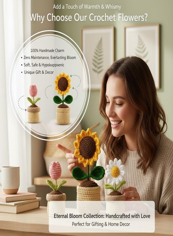 craftelio Handmade Crochet Sunflower Pot – Eco-Friendly Knitted Flower Plant for Home Decor, Cute Crochet Flowers for Office Desk, Table Decor & Gift Item (White) - Image 2
