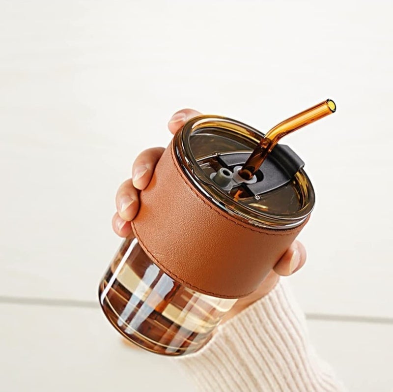 FAYBY Glass Tumblers with Lid and Straw Tumbler Water Glass Mug Ice Coffee Tumbler with Leather Sleeve Handle Travel Glass Cup with Silicone Lid Cup 400ml_Clear - Image 5