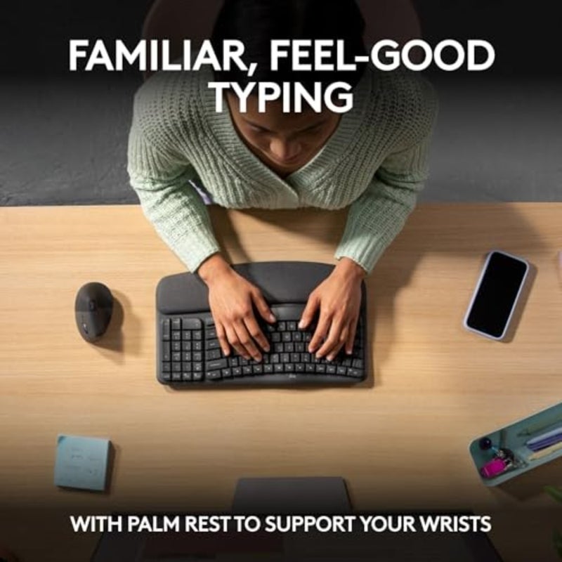 Wave Keys and Lift Vertical Mouse - Ergonomic Wireless Keyboard and Mouse Combo - with Cushioned Palm Rest, Easy-Switch, Bluetooth, for Multi-OS, Windows/Mac, US/INTL - Graphite - Image 4
