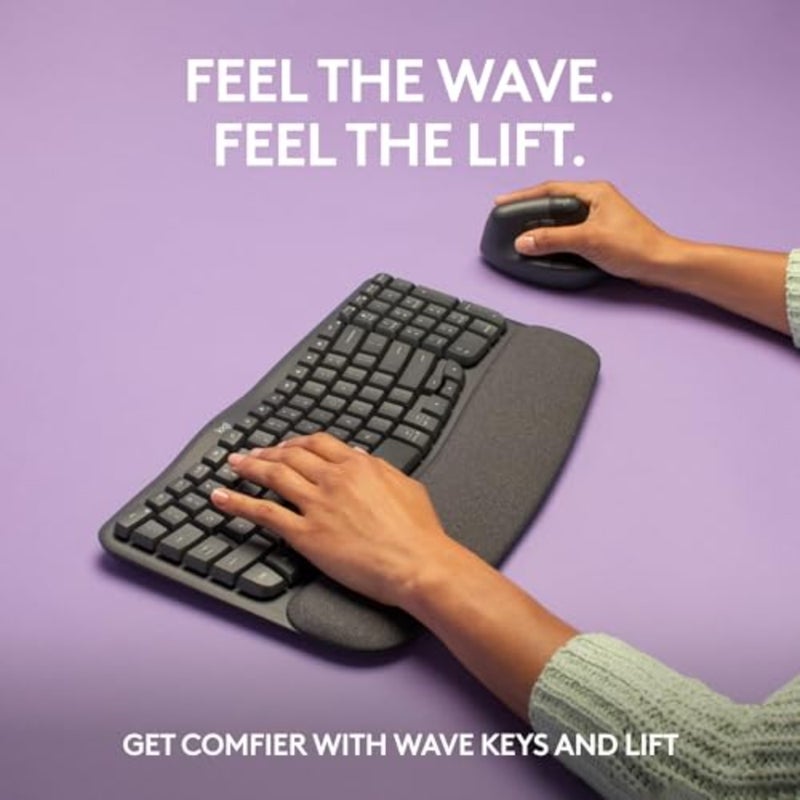 Wave Keys and Lift Vertical Mouse - Ergonomic Wireless Keyboard and Mouse Combo - with Cushioned Palm Rest, Easy-Switch, Bluetooth, for Multi-OS, Windows/Mac, US/INTL - Graphite - Image 2