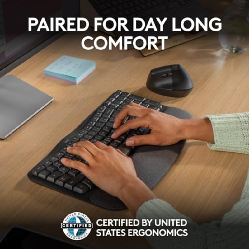 Wave Keys and Lift Vertical Mouse - Ergonomic Wireless Keyboard and Mouse Combo - with Cushioned Palm Rest, Easy-Switch, Bluetooth, for Multi-OS, Windows/Mac, US/INTL - Graphite - Image 3