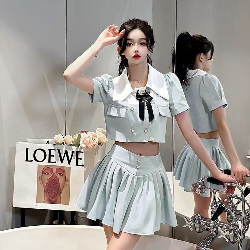 Suit Women'S 2024 High-End Fragrance Fashion Stylish Doll Collar Top Skirt Two-Piece Set