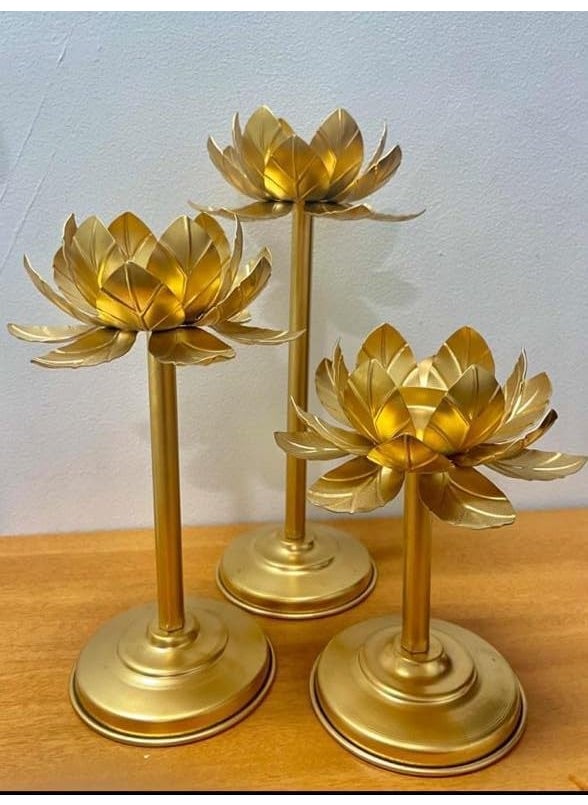Lazybeee Lazybeee Handcrafted Gold Lotus Metal Tealight Candle Holders Set of 3 15129 Lotus Design Diyas for Home Decor Festive Decorations Weddings Diwali Pooja and Gifting 