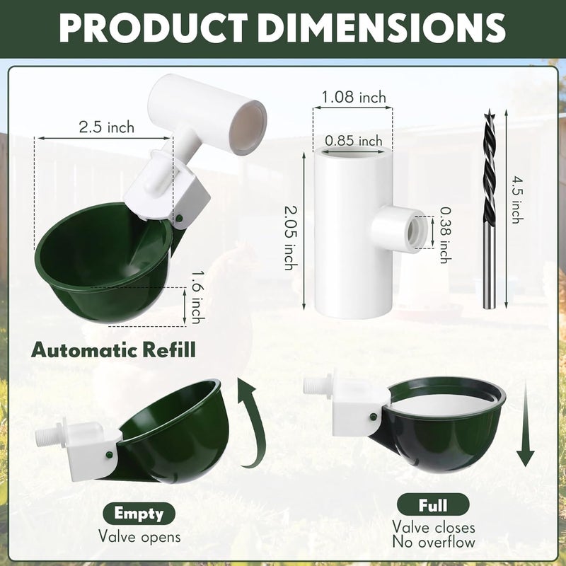 LemonRoad 30 Set Automatic Chicken Waterer Cup with 1/2" PVC Tee Fitting Chicken Drinking Bowl, Poultry Drinker Mounting Hole Opener,Water Dispenser Feeder for Duck, Goose, Pigeon(Military Green) - Image 2