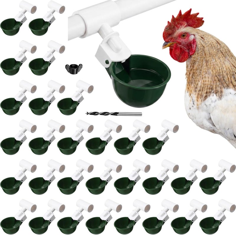 LemonRoad 30 Set Automatic Chicken Waterer Cup with 1/2" PVC Tee Fitting Chicken Drinking Bowl, Poultry Drinker Mounting Hole Opener,Water Dispenser Feeder for Duck, Goose, Pigeon(Military Green) - Image 1