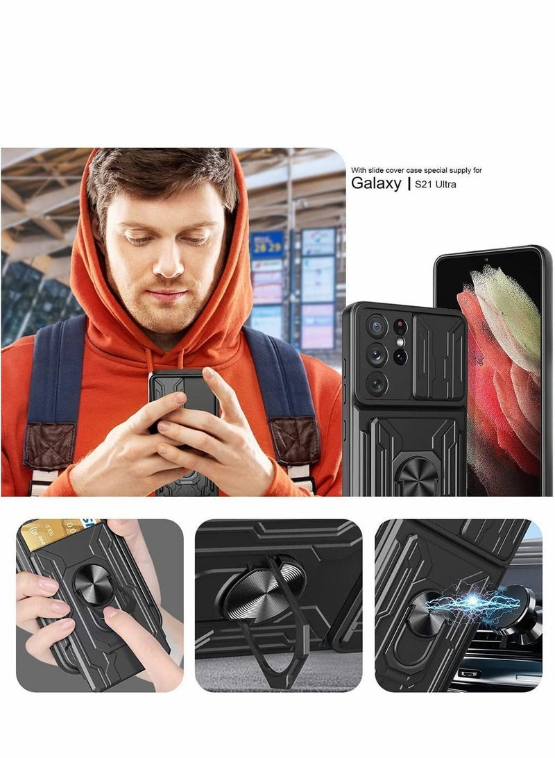 Y&D Case for Samsung Galaxy S21 Ultra 5G with Removable Kickstand Card Holder Slide Camera Cover Ring Stand Magnetic Hybrid Armor Hard Luxury Blue  - Image 2