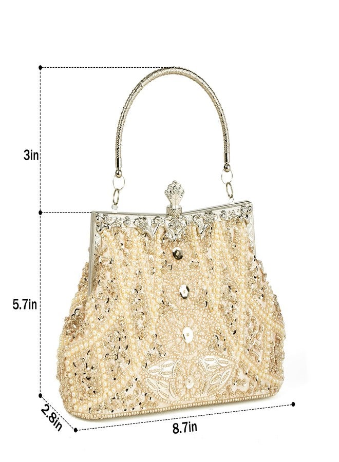 DA BODAN Women's Evening Bag Vintage Beaded Sequin Pearl Clutch Handbag Shoulder Bag Purses for Wedding Bridal Prom Party (Champagne) - Image 2