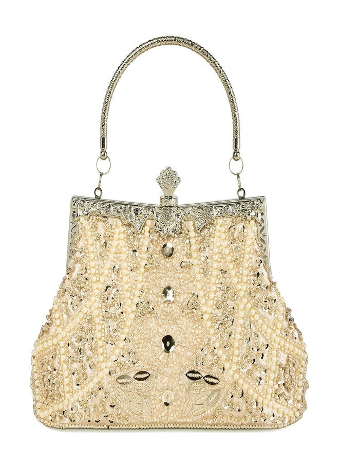 DA BODAN Women's Evening Bag Vintage Beaded Sequin Pearl Clutch Handbag Shoulder Bag Purses for Wedding Bridal Prom Party (Champagne) - Image 1