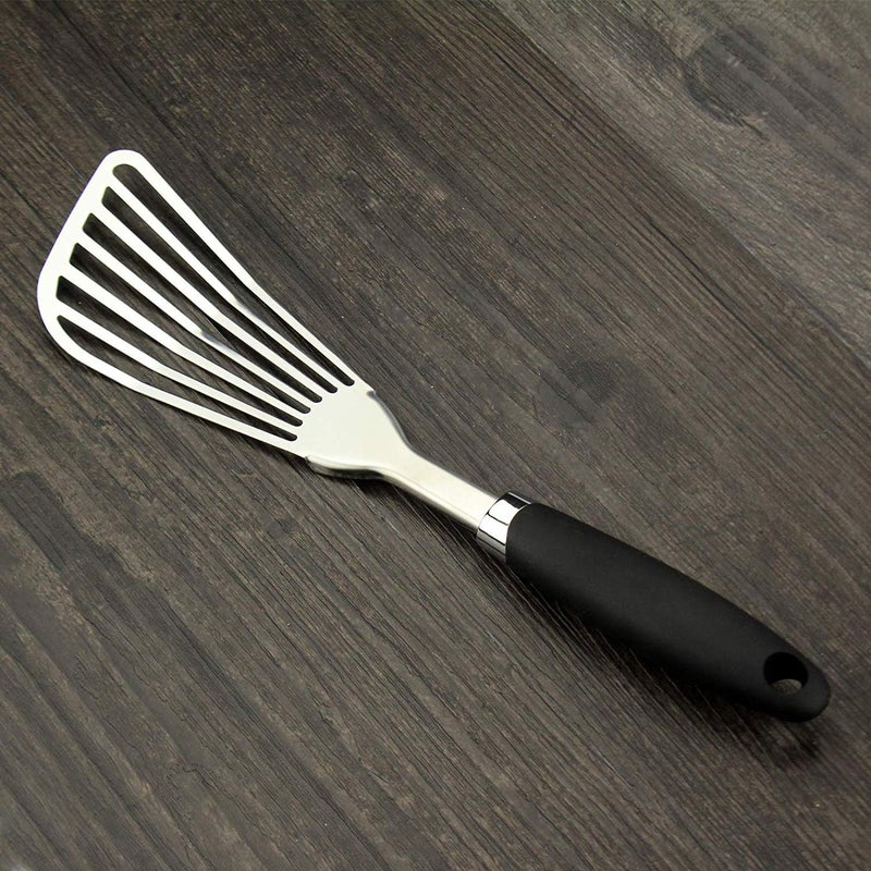JXWING 304 Stainless Steel Fish Spatula, Non-Slip Ergonomic Handle Slotted Spatula, Black - Image 5