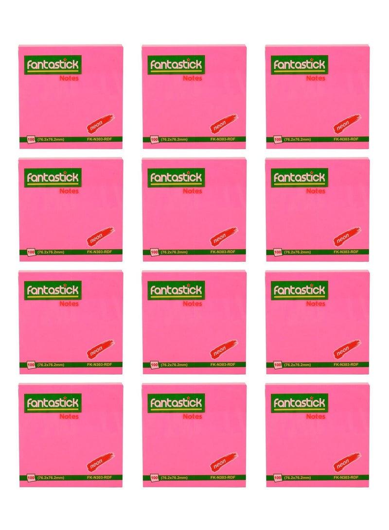 Fantastick 12-Piece Sticky Notes 3x3 Inch Size Neon Pink - Image 1