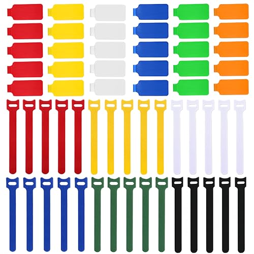 TOPNI 60 Pieces Cable Labels & Reusable Hook and Loop Fastening Ties Set - 30 Pieces Cord or Wire Labels & 30 Pieces Labels for Electronic Cords, Home & Office Cord Management - Image 1