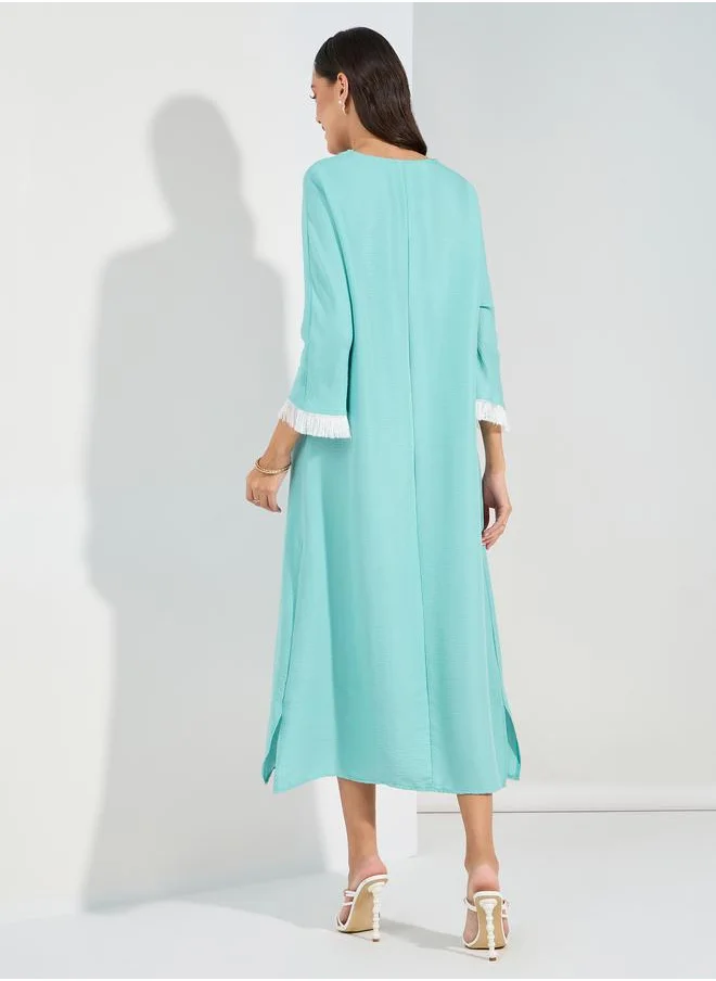 Styli Fringe Trim Notch Neck Jalabiya